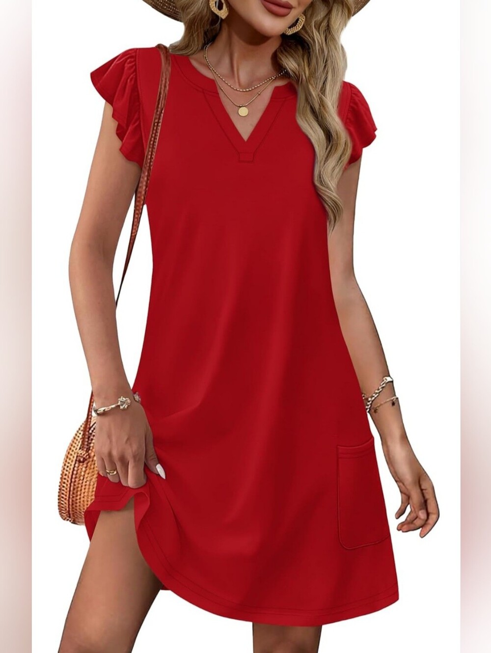 NWT Red V-Neck Flutter Sleeve Pocket Dress - Women